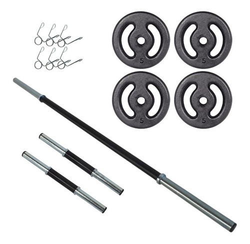 Imagem 1 de 9 de Kit 20kg Anilhas+2 Barras 40cm+1 Barra 120cm Com Presilhas