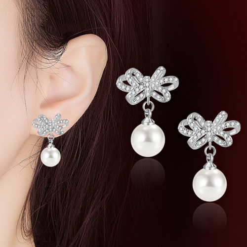 Pendientes De Perlas Blancas Con Lazo, Pendientes