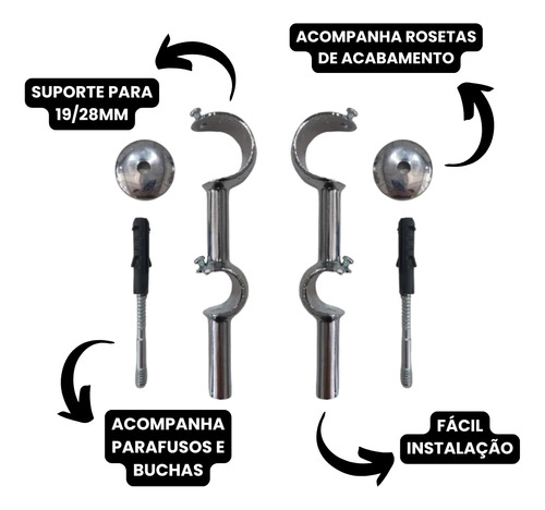 2 Suportes De Parede Duplo 19/28mm P/ Varão Cortina Alumínio Prateado