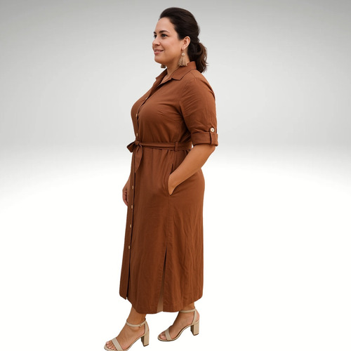 Chemise Vestido Midi Maxi Cinto E Bolsos Chocolate Premium