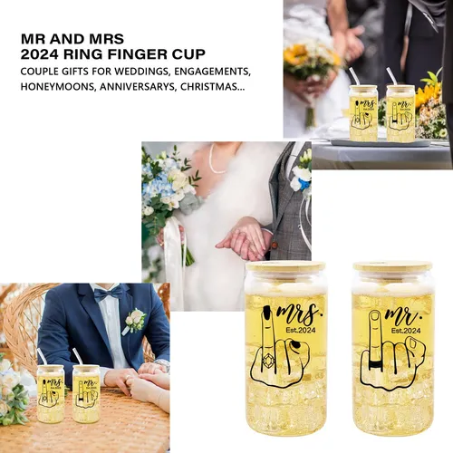 Est. 2024 Mr & Mrs Glass Cup Con Tapas Y Pajitas - Regalos D