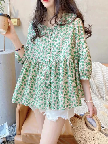 Camisa Holgada Con Cuello Redondo Y Manga De Farol Para Muje