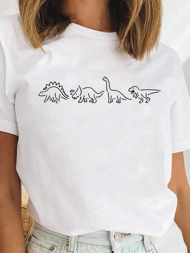 Camiseta Algodao Feminina Estampa Delicada Traço Dinossauros