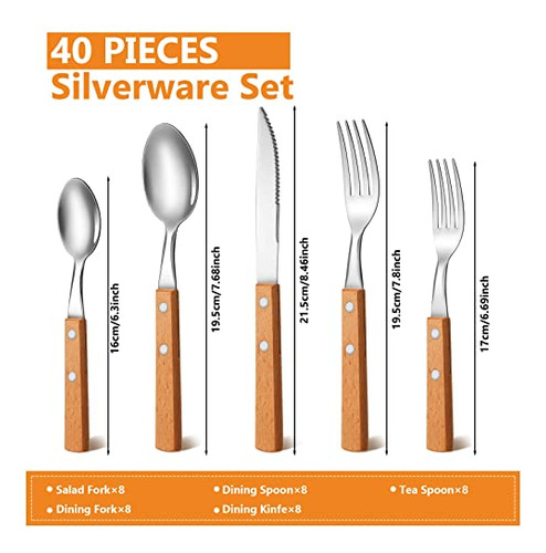 40 Piezas Mango De Madera Cubiertos De Plata Conjunto Mango