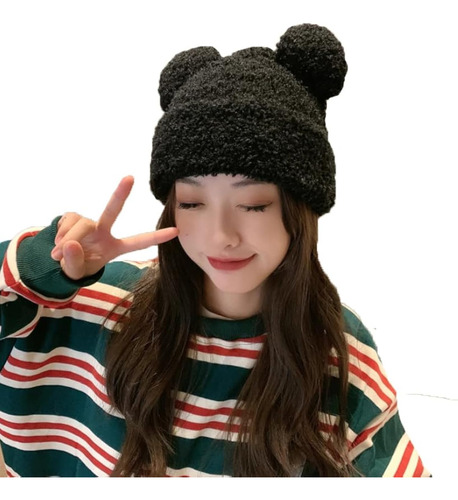 Yz50234 - Gorro De Invierno Para Mujer Con Pompón Doble Negro M