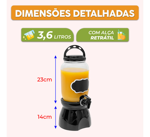 Kit 2 Suqueiras Com Suportes 3,6l Suco Galão Tampa Torneira Preto