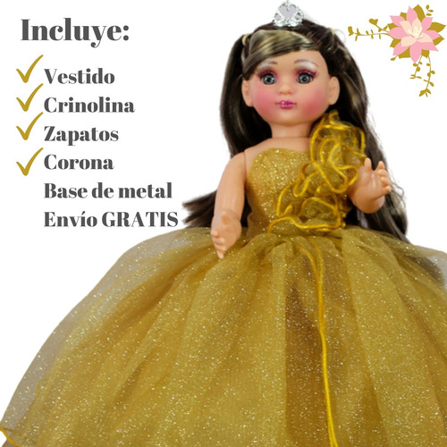 Muñeca Quinceañera Recuerdo 15 Años Dorado Oro 44 Cm