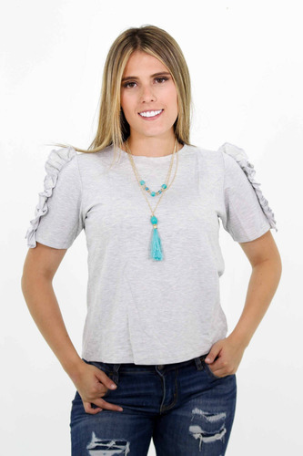 Blusa Manga Corta Boleros A Los Lados (incluye Collar) Gris 