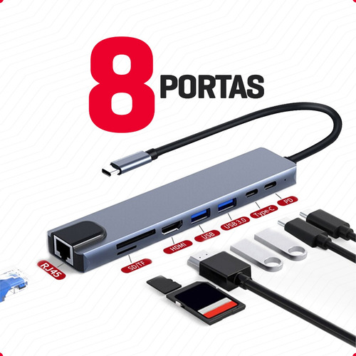 Adaptador Hub Macbook Air M1 M2 E Pro 8 Em 1 Usb-c Hdmi 4k