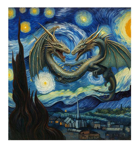 Vinilo 100x100cm Dragon Noche Estrellada Amor Van Gogh