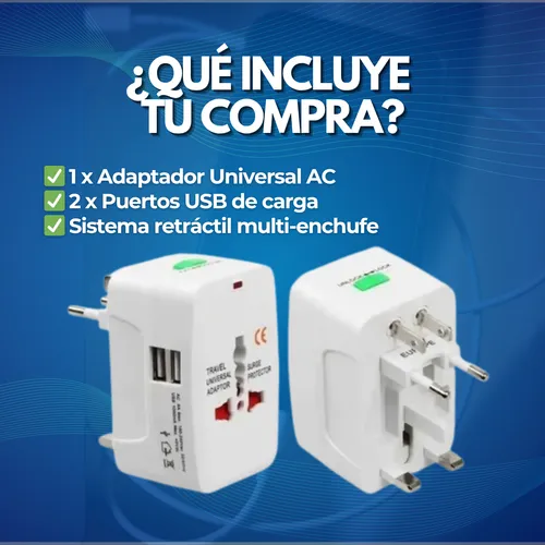 Adaptador Enchufe Universal Ac Viajero + Cargador 2 Usb