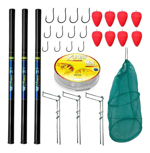 Kit Pesca Pescaria Completo 3 Varas Mão Telescopica Tilapia