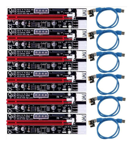 Pack X 6 Risers Pcie Vers 103d 1x A 16x Cable Usb 3.0 Cripto Color Negro