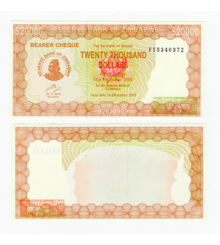 Zimbabwe - Billete 20.000 Dólares 2003 Bearer Cheque - Unc