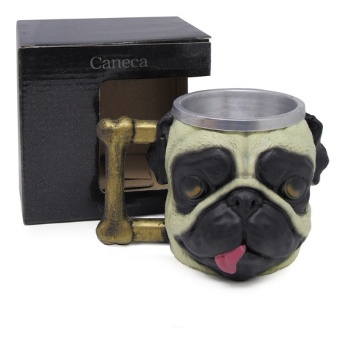 Caneca Formato 3d Pug Cachorro Alça Osso 250ml Resina Inox