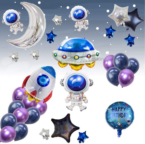 Set Globos Cumple Espacial Astronauta Cohete Ovni Grandes