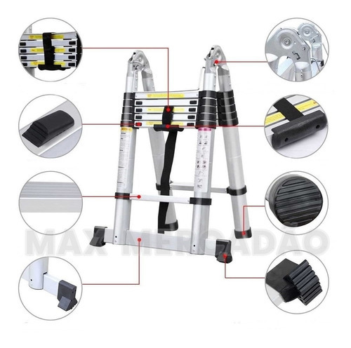 Escada Telescópica Alumínio Multifuncional 13 Degraus 3,8mts Cor Prateado