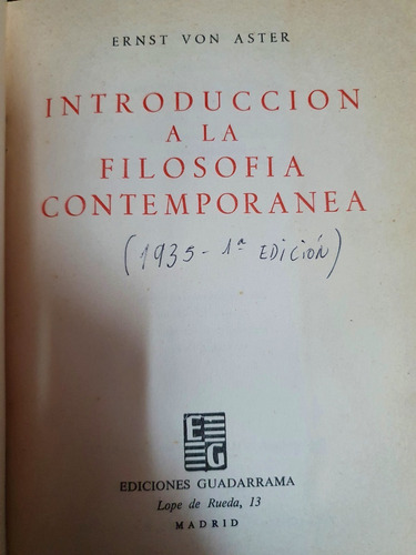 Introduccion A La Filosofia Contemporanea - Von Aster 1935