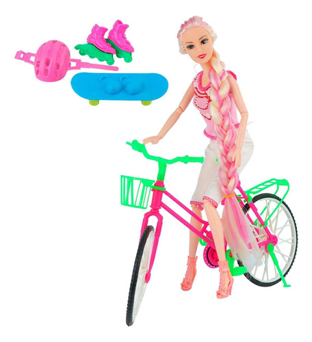 Boneca Com Bicicleta Skate Patins Esportista Tranças Caixa