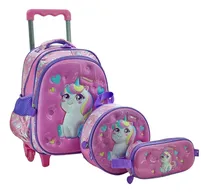 Comprar Mochila Infantil Lancheira Estojo Escolar Rodinhas Tam P Cor Rosa Desenho Do Tecido Unicórnio Yin's Leoa