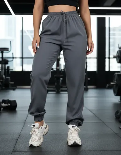 Calça Feminina Jogger Em Tactel Com Elastano Bolsos E Cordão Cinza-escuro Liso G