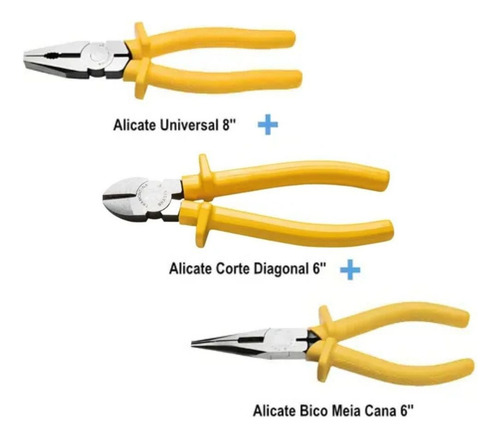 Kit Com 3 Alicates Tramontina Corte, Bico Fino E Universal