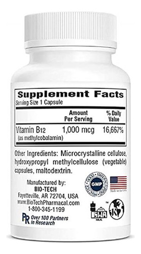 Bio-tech Pharmacal Vitamina B12 Metilcobalamina 100 Cápsulas