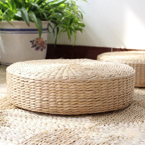 Puf De Suelo Redondo Con 3 Cojines De Tatami De Paja Tejida