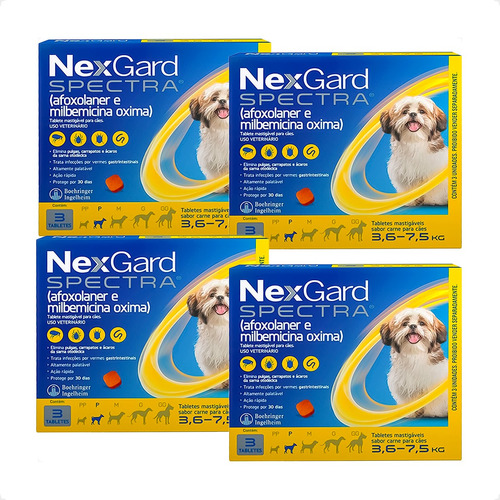 4 Nexgard Spectra Para Cães 3,6 A 7,5kg Antipulga - 3 Tab
