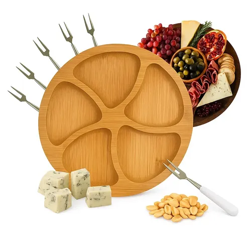 Kit Petisqueira Bandeja Redonda + 6 Garfos Para Frios Gamela tábua aperitivos frios queijos Mdf