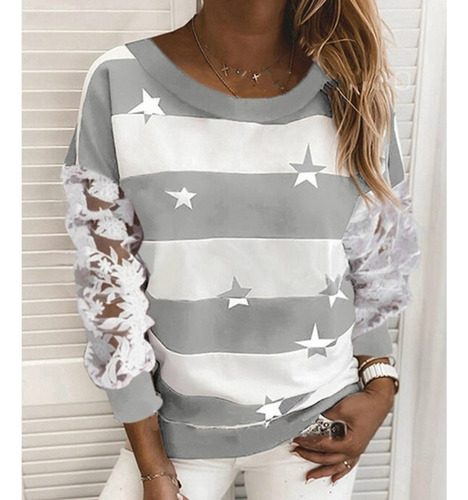 Blusas A Rayas Con Cuello Redondo Y Mangas De Encaje Con Est