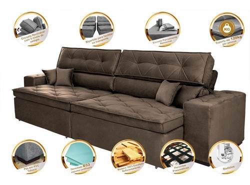 Sofá Retrátil e Reclinável 2,72m com Molas Cama inBox Estilo Suede Velusoft Café