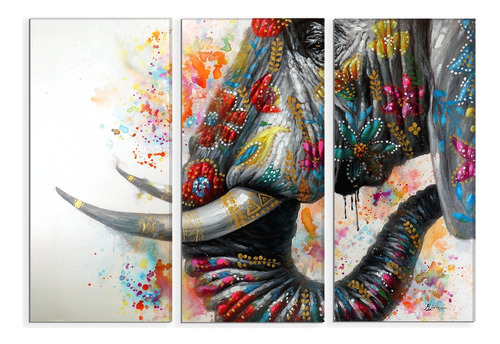 Set De 3 Cuadros Elefante Pintura 90x130cm