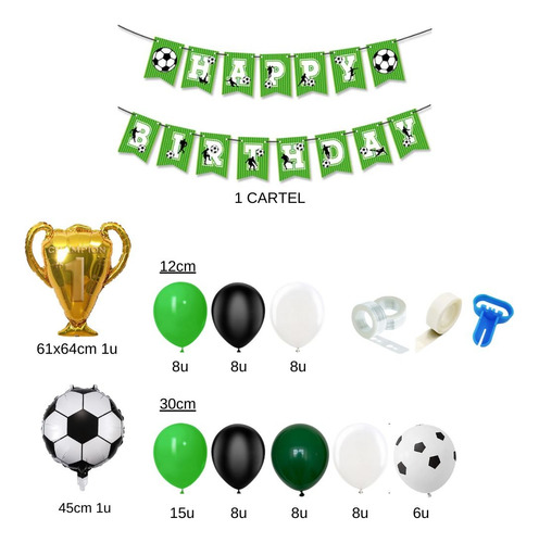 Pack Adornos P/ Cumpleaños Fútbol - Globos - Cartel - Cintas