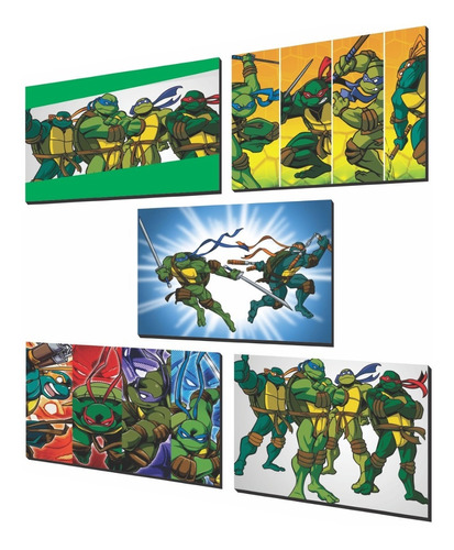 Kit 5 Cuadros Infantil, Niños, Tortugas Ninjas, 38x26cm C/u