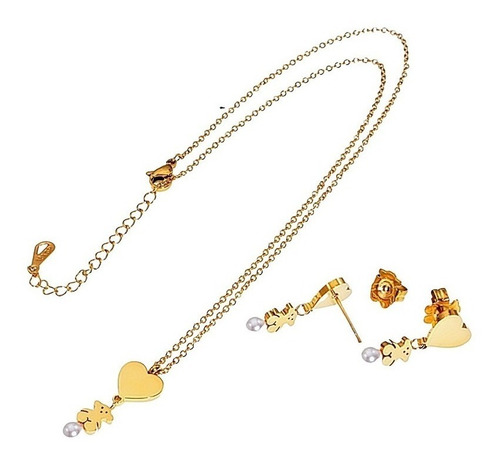 Conjunto Oso Tous Aros+collar Corazón Bañado En Oro 18kt