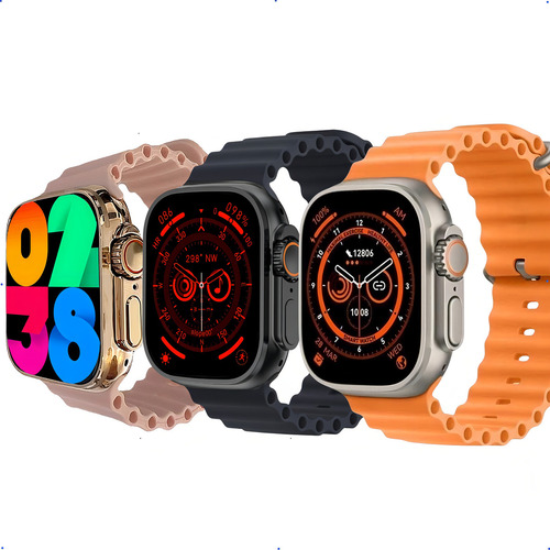Smartwatch Hw69 Ultra Mini Series 9 Gps Amoled 3 Pulseiras Caixa Dourado Pulseira Preto Bisel Preto Desenho Da Pulseira Ocean