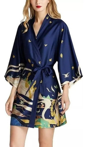 Kimono Tipo Yukata De Seda Artificial Para Mujer, Holgado