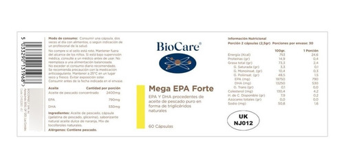 Imagen 2 de 5 de Biocare - Mega Epa Forte - Aceite De Pescado - 60 Cápsulas
