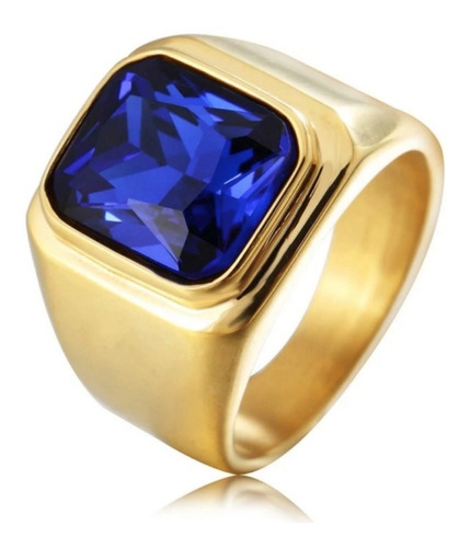 Anel Executivo Aço Dourado Pedra Cristal Azul Banhado A Ouro