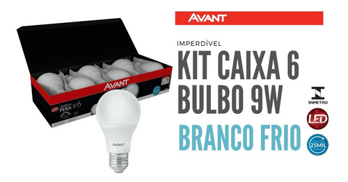 Imagem 1 de 4 de Kit Caixa Pack 6 Lampada Bulbo 9w Branco Frio 6500k Avant
