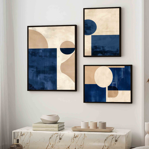 3 Quadros Decorativos Geométrico Azul Marrom Moderno Moldura