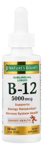 Nature's Bounty, B-12, líquido sublingual, 5,000 mcg, 59 ml (2 onzas líquidas), Salud energética, Acción rápida, Apto para vegetarianos, Sin colorantes artificiales, sin azucar