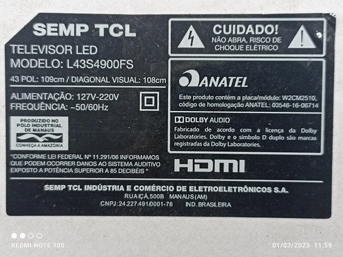 Placa Botão Power Tv Tcl L43s4900fs Original !!! (Usado)