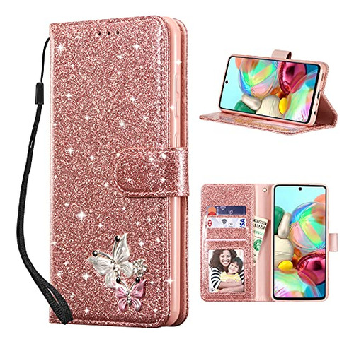 Funda Cartera Para Galaxy A52 4g/5g A52s 5g Rosa Dorado Glit