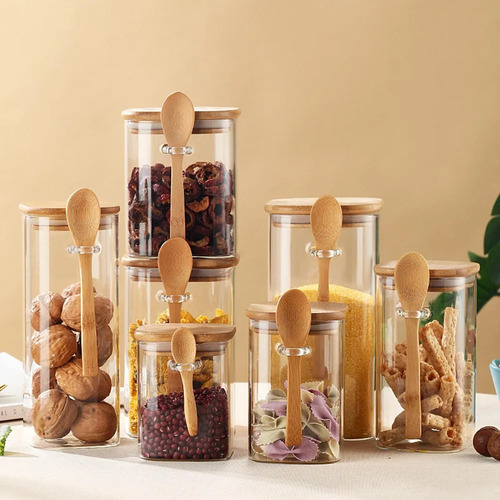 Juego De 4 Tarros De Cristal Con Tapas De Bambú Y Cucharas