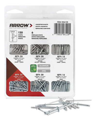 Kit Surtido De Remaches Arrow Rk6120 Pop Para Metal, Tela,..