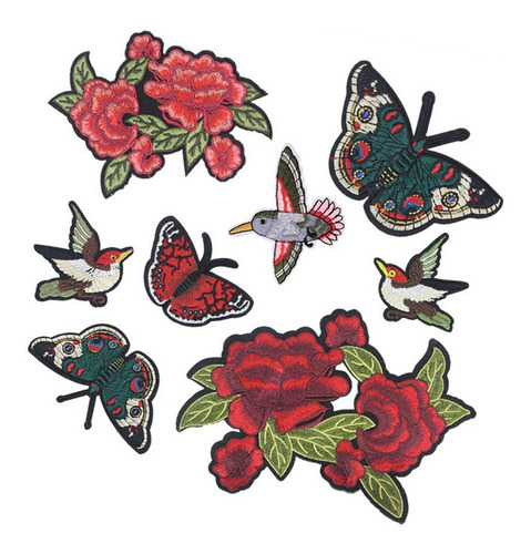8pcs Costura Bordado Flor Pássaro Patches Etiqueta De Pano