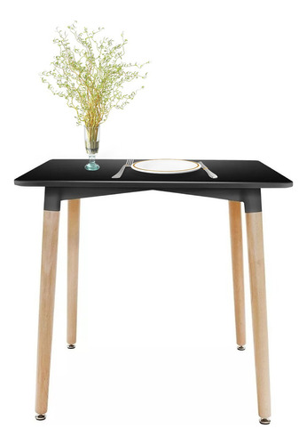 Mesa De Comedor Top Living Eames Nórdica 80 X 80 Negra Tapa Negro Patas Marrón claro