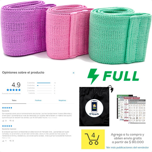 Kit Set De 3 Bandas Elásticas Resistencia Tela Fitness